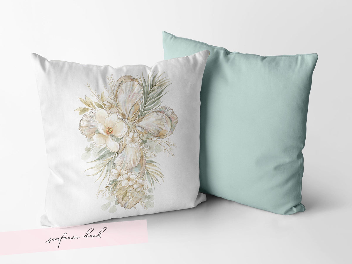 Oyster Cross Easter Throw Pillow Case Watercolor Magnolia Coastal Christian Decor Farmhouse Sofa Cushion Cover Housewarming Gift Baptism - Charles Alex