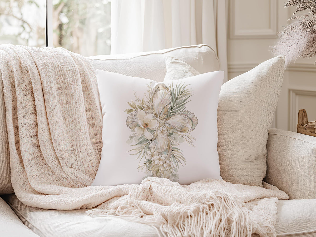 Oyster Cross Easter Throw Pillow Case Watercolor Magnolia Coastal Christian Decor Farmhouse Sofa Cushion Cover Housewarming Gift Baptism - Charles Alex