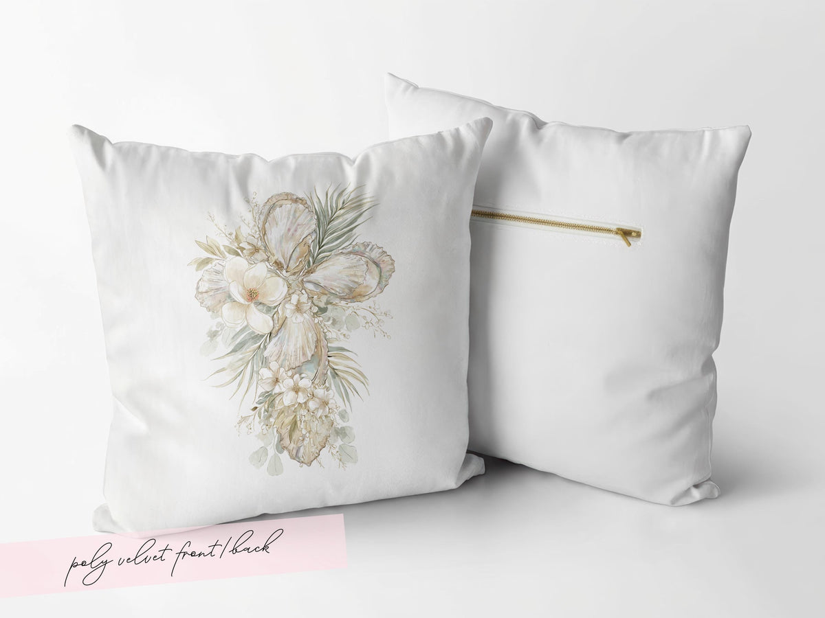 Oyster Cross Easter Throw Pillow Case Watercolor Magnolia Coastal Christian Decor Farmhouse Sofa Cushion Cover Housewarming Gift Baptism - Charles Alex