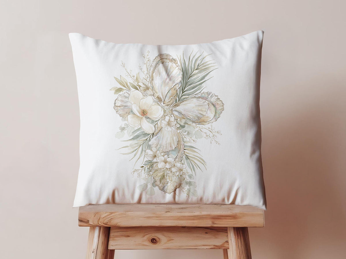 Oyster Cross Easter Throw Pillow Case Watercolor Magnolia Coastal Christian Decor Farmhouse Sofa Cushion Cover Housewarming Gift Baptism - Charles Alex