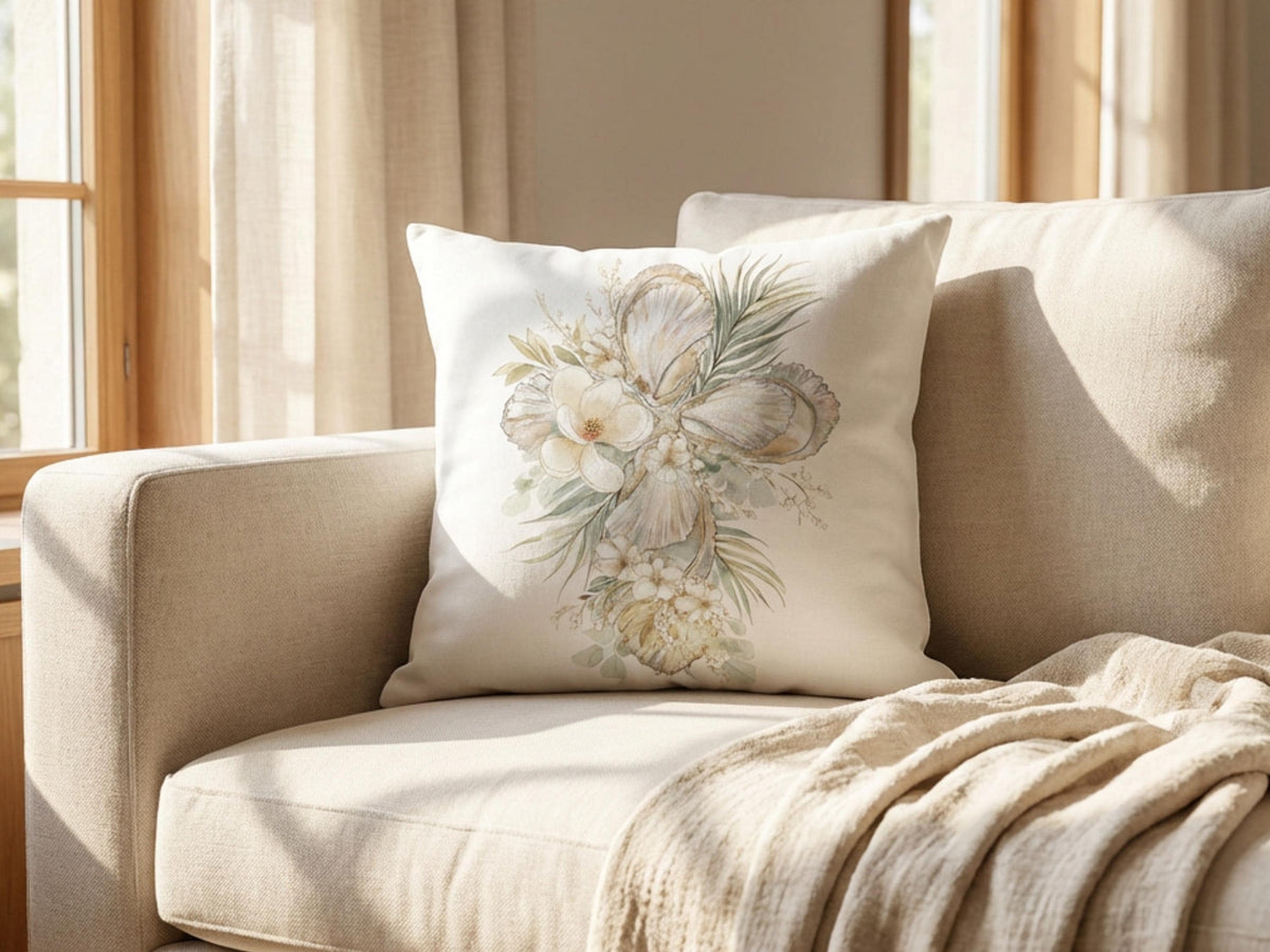 Oyster Cross Easter Throw Pillow Case Watercolor Magnolia Coastal Christian Decor Farmhouse Sofa Cushion Cover Housewarming Gift Baptism - Charles Alex