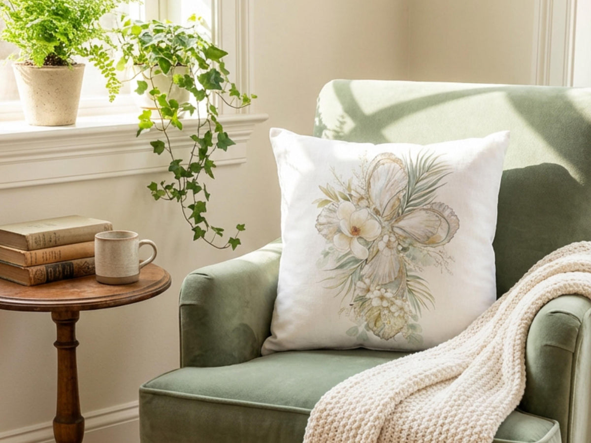 Oyster Cross Easter Throw Pillow Case Watercolor Magnolia Coastal Christian Decor Farmhouse Sofa Cushion Cover Housewarming Gift Baptism - Charles Alex