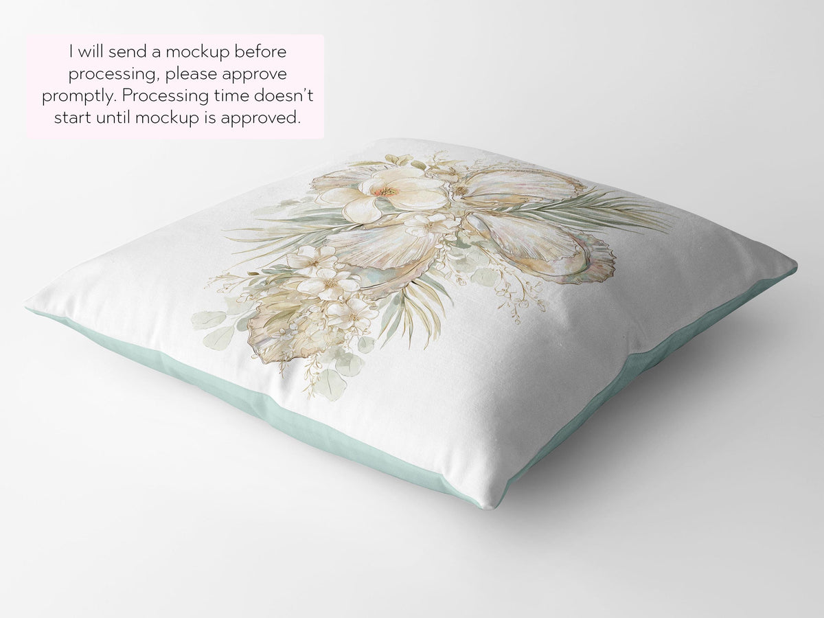 Oyster Cross Easter Throw Pillow Case Watercolor Magnolia Coastal Christian Decor Farmhouse Sofa Cushion Cover Housewarming Gift Baptism - Charles Alex