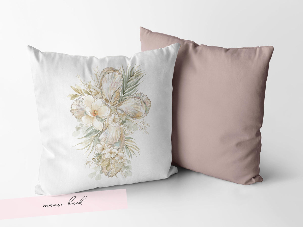 Oyster Cross Easter Throw Pillow Case Watercolor Magnolia Coastal Christian Decor Farmhouse Sofa Cushion Cover Housewarming Gift Baptism - Charles Alex