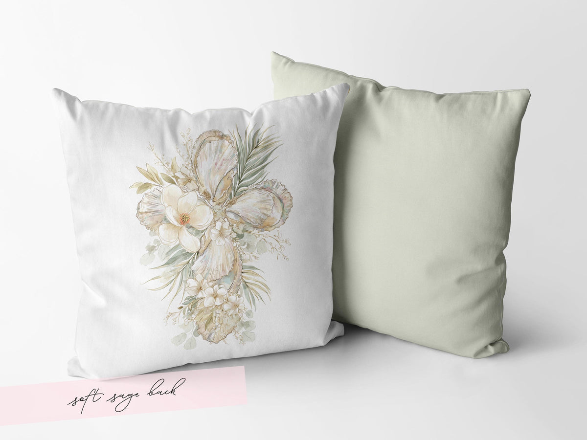 Oyster Cross Easter Throw Pillow Case Watercolor Magnolia Coastal Christian Decor Farmhouse Sofa Cushion Cover Housewarming Gift Baptism - Charles Alex