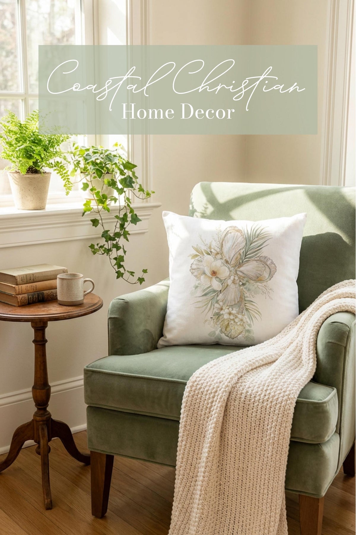 Oyster Cross Easter Throw Pillow Case Watercolor Magnolia Coastal Christian Decor Farmhouse Sofa Cushion Cover Housewarming Gift Baptism - Charles Alex
