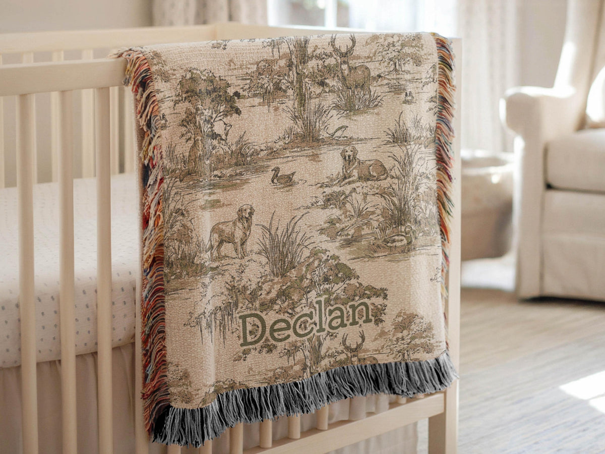 Hunting Nursey Decor Personalized Crib Throw Toile Deer Name Blanket Neutral Woodland Duck Baby Shower Gift Newborn Heirloom Woven Labrador - Charles Alex