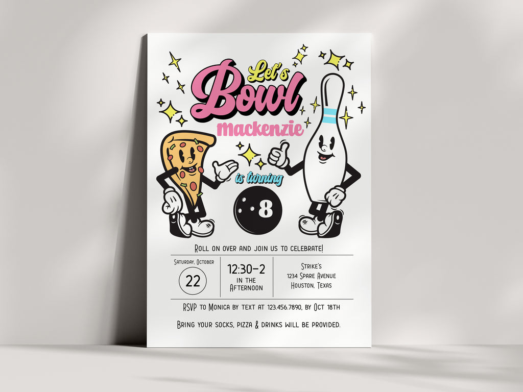 Editable Vintage Bowling Birthday Invitation - Pink