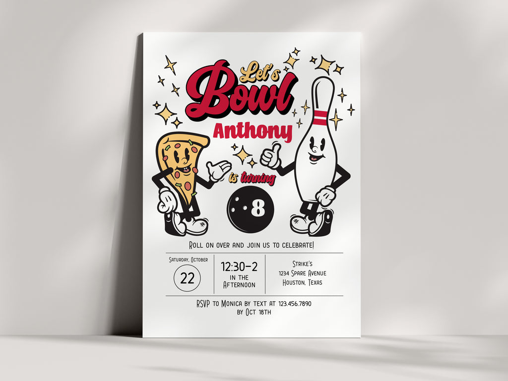 Editable Vintage Bowling Birthday Invitation - Red