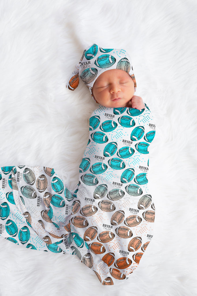 Football Swaddle Set - Orange & Teal