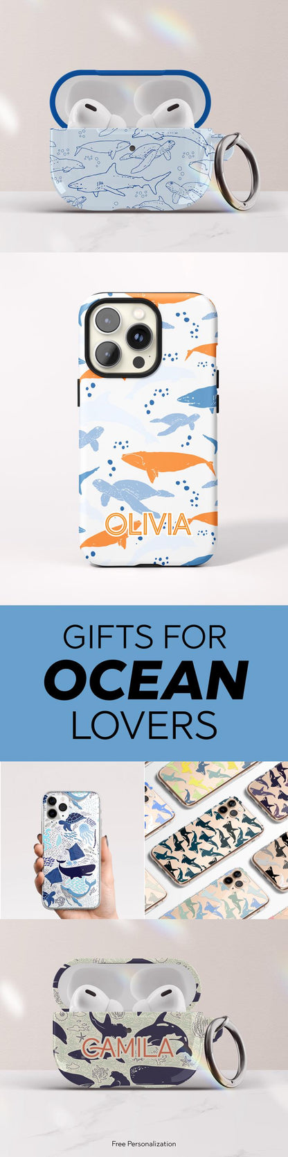 Ocean Animals Airpod Case Cover With Keychain Gift For Marine Biologist Shark Tropical Fish Sea Turtle Dolphin Print Airpod Cover Gift