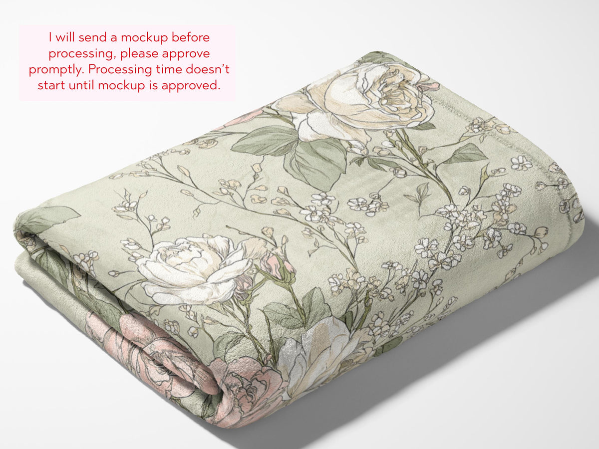 Personalized French Country Floral Throw With Name Gift  Cottagecore Flower Blanket Baby Shower Gift for Pink Green Floral Garden Nursery