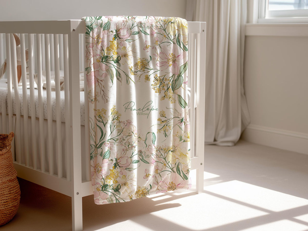 Personalized Wildflower Woven Throw Watercolor Floral Minky Blanket Cottage Garden Vintage Decor Gift for Nursery Garden Theme Baby Shower