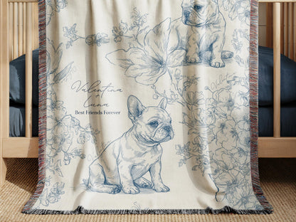 Custom Toile French Bulldog Woven or Minky Baby Blanket Personalized with Baby Name and Pet Name Dog Nursery Decor Baby Shower Gift Idea