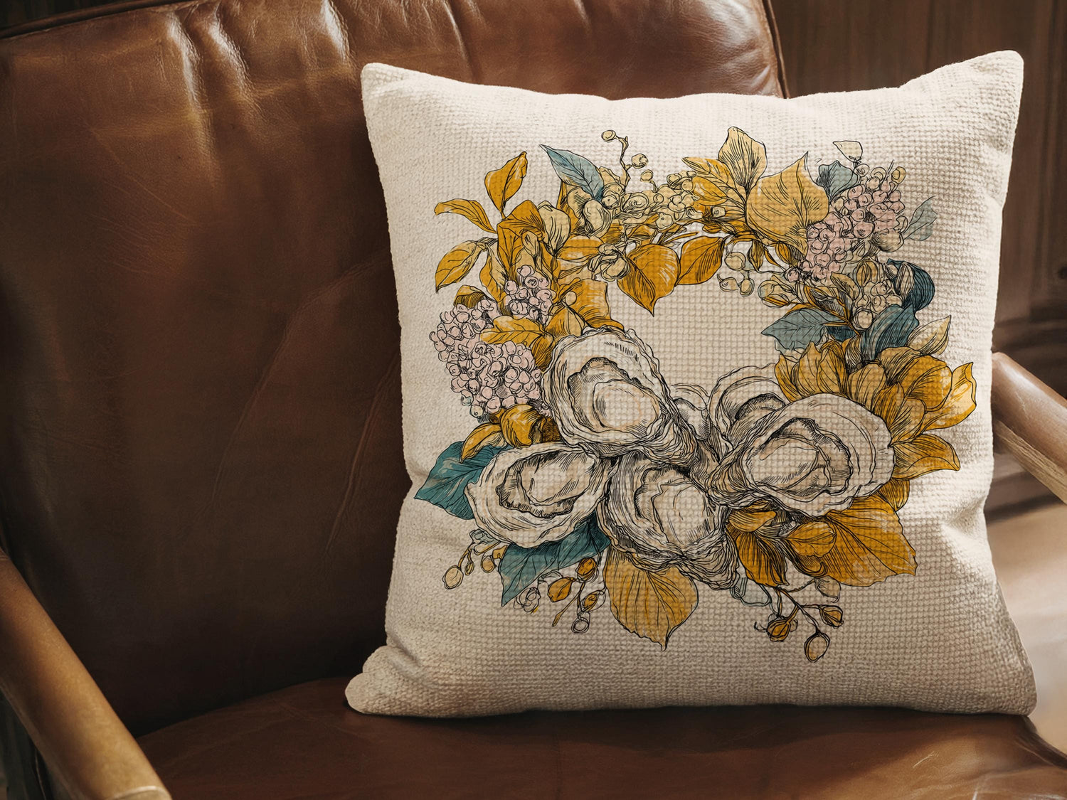 Fall Pillow Cover with Oyster Print Wreath Coastal Autumn Pillow and/or Cover - Charles Alex