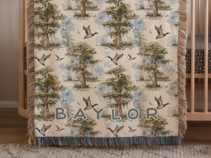 Personalized Mallard Duck Woven Blanket With Name Wildlife Duck Blanket Soft And Cozy Fabric Baby Shower Gift Duck Hunting Theme Nursery