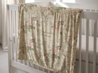 Personalized French Country Floral Throw With Name Gift  Cottagecore Flower Blanket Baby Shower Gift for Pink Green Floral Garden Nursery