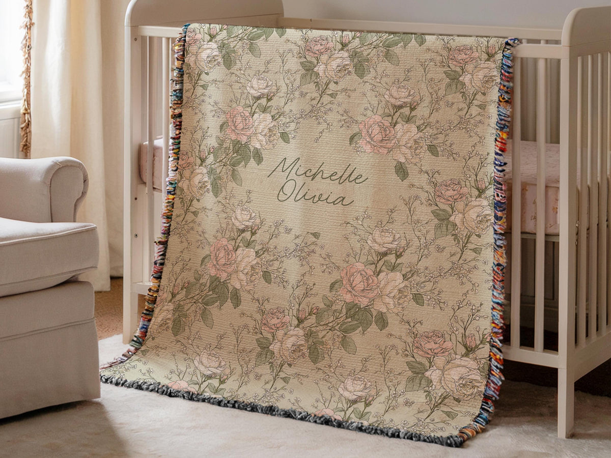 Personalized French Country Floral Throw With Name Gift  Cottagecore Flower Blanket Baby Shower Gift for Pink Green Floral Garden Nursery