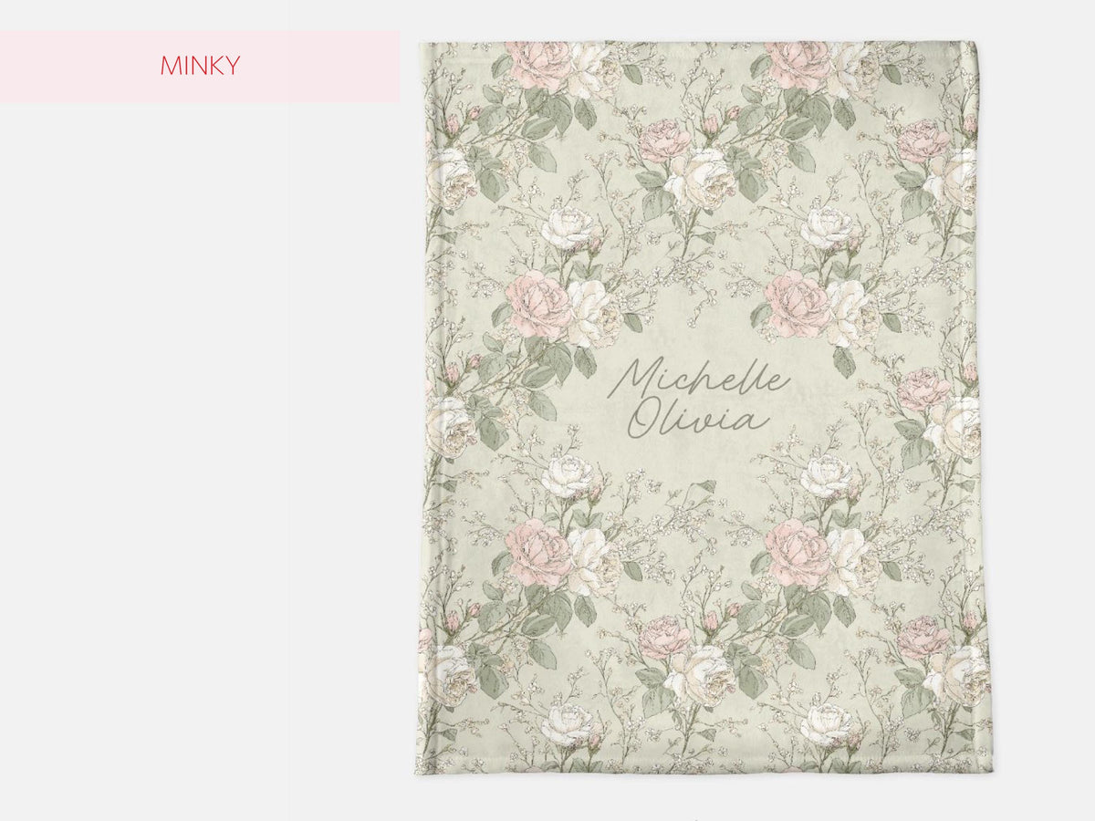 Personalized French Country Floral Throw With Name Gift  Cottagecore Flower Blanket Baby Shower Gift for Pink Green Floral Garden Nursery