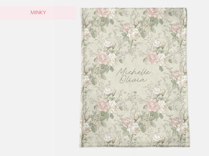Personalized French Country Floral Throw With Name Gift  Cottagecore Flower Blanket Baby Shower Gift for Pink Green Floral Garden Nursery