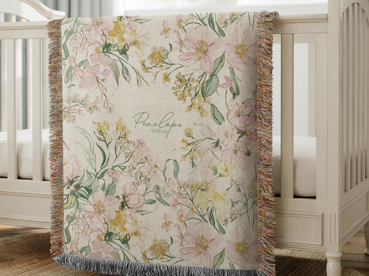 Personalized Wildflower Woven Throw Watercolor Floral Minky Blanket Cottage Garden Vintage Decor Gift for Nursery Garden Theme Baby Shower
