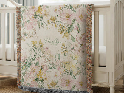Personalized Wildflower Woven Throw Watercolor Floral Minky Blanket Cottage Garden Vintage Decor Gift for Nursery Garden Theme Baby Shower