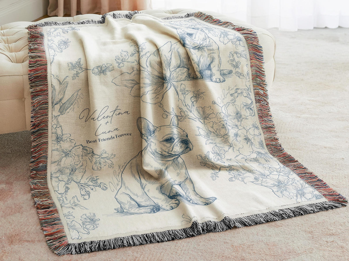 Custom Toile French Bulldog Woven or Minky Baby Blanket Personalized with Baby Name and Pet Name Dog Nursery Decor Baby Shower Gift Idea