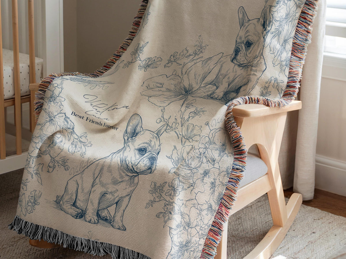 Custom Toile French Bulldog Woven or Minky Baby Blanket Personalized with Baby Name and Pet Name Dog Nursery Decor Baby Shower Gift Idea