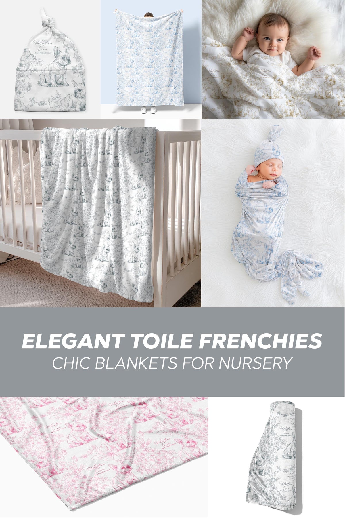 Custom Toile French Bulldog Woven or Minky Baby Blanket Personalized with Baby Name and Pet Name Dog Nursery Decor Baby Shower Gift Idea