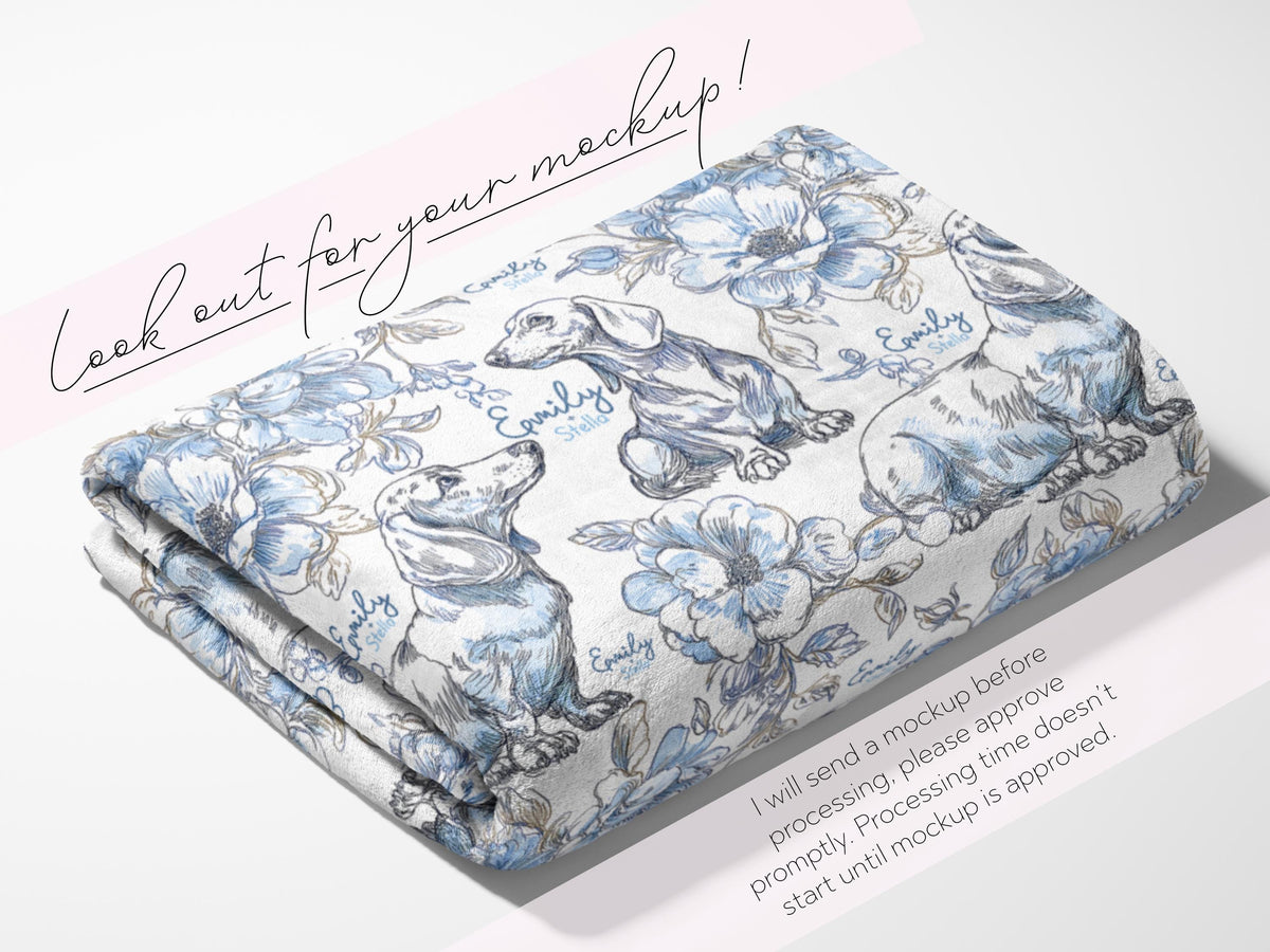 Floral Dachshund Blanket Minky Soft Throw Woven Personalized Name Baby Girl Gift Puppy Print Nursery Decor Custom Toddler Keepsake for Her - Charles Alex