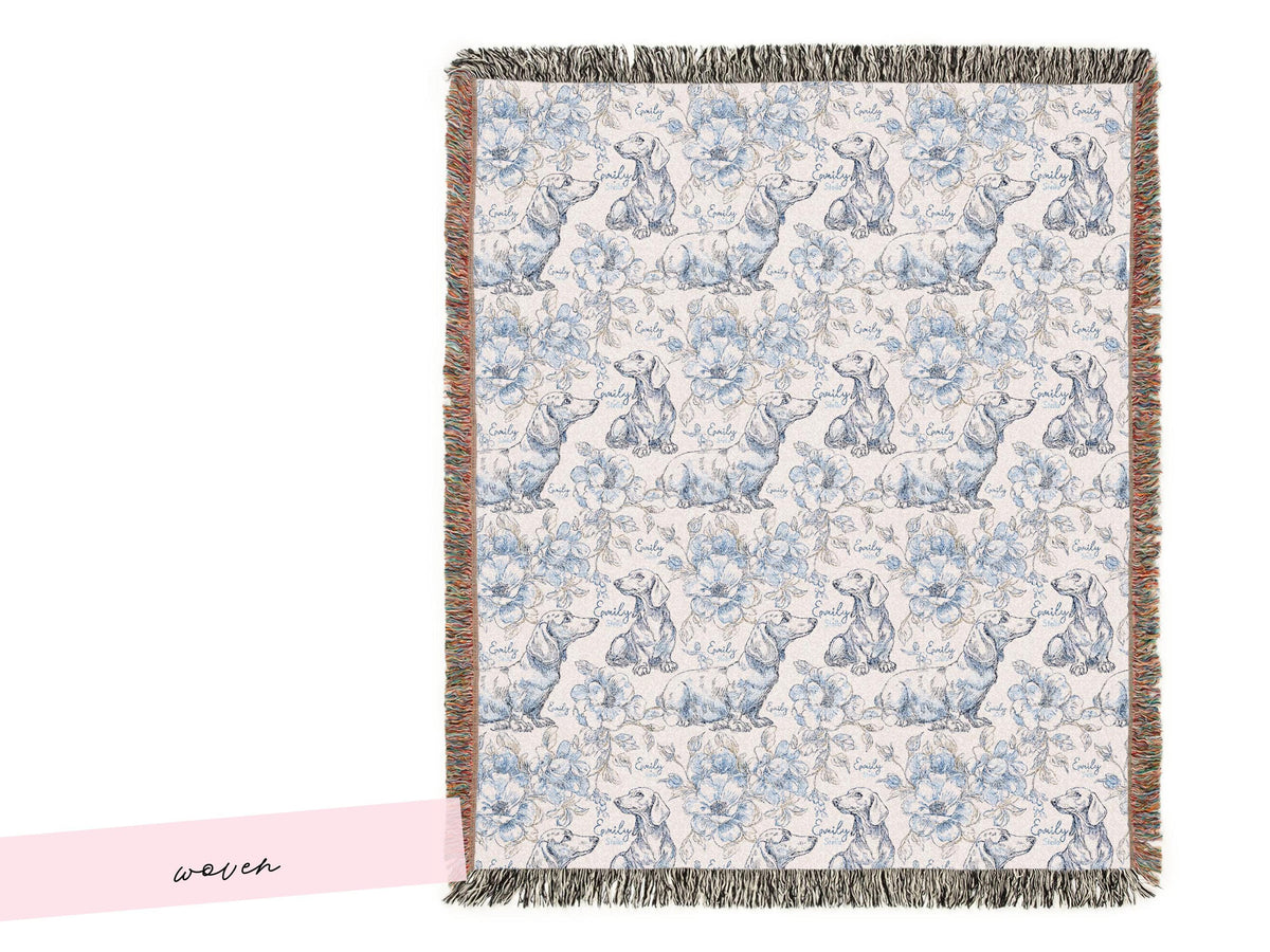 Floral Dachshund Blanket Minky Soft Throw Woven Personalized Name Baby Girl Gift Puppy Print Nursery Decor Custom Toddler Keepsake for Her - Charles Alex