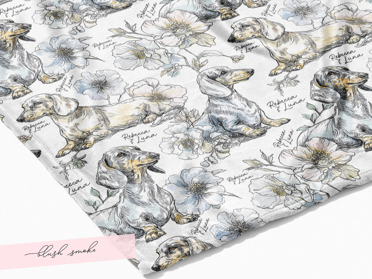 Floral Dachshund Blanket Minky Soft Throw Woven Personalized Name Baby Girl Gift Puppy Print Nursery Decor Custom Toddler Keepsake for Her - Charles Alex