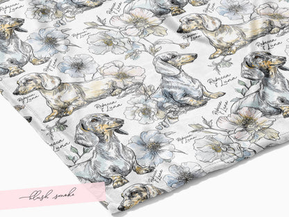 Floral Dachshund Blanket Minky Soft Throw Woven Personalized Name Baby Girl Gift Puppy Print Nursery Decor Custom Toddler Keepsake for Her - Charles Alex