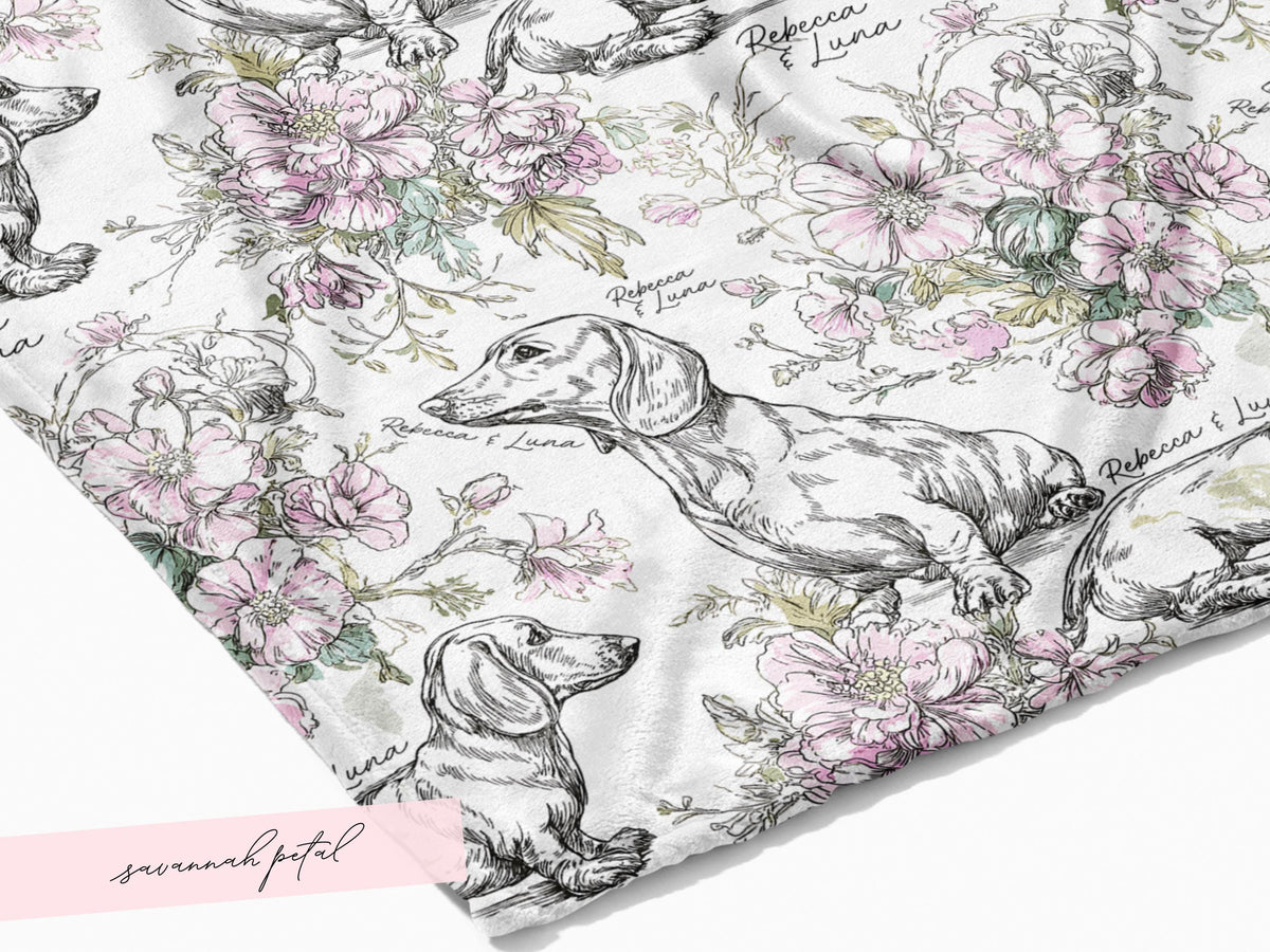 Floral Dachshund Blanket Minky Soft Throw Woven Personalized Name Baby Girl Gift Puppy Print Nursery Decor Custom Toddler Keepsake for Her - Charles Alex