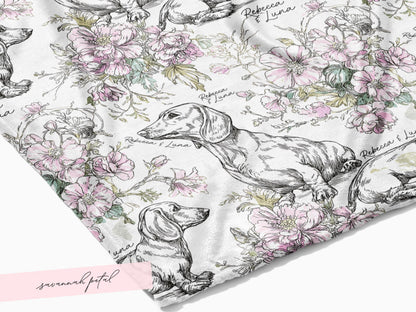 Floral Dachshund Blanket Minky Soft Throw Woven Personalized Name Baby Girl Gift Puppy Print Nursery Decor Custom Toddler Keepsake for Her - Charles Alex