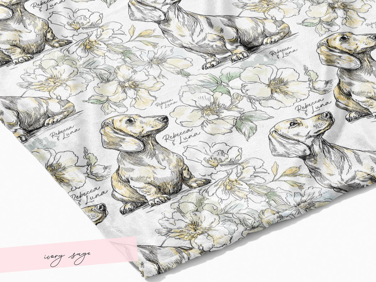 Floral Dachshund Blanket Minky Soft Throw Woven Personalized Name Baby Girl Gift Puppy Print Nursery Decor Custom Toddler Keepsake for Her - Charles Alex