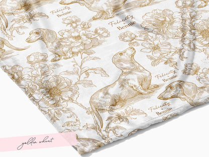 Floral Dachshund Blanket Minky Soft Throw Woven Personalized Name Baby Girl Gift Puppy Print Nursery Decor Custom Toddler Keepsake for Her - Charles Alex