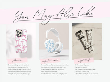 Coquette Bow AirPods Case Cover Pink Ribbon Print Cute Glossy Protective Earbud Feminine Tech Accessory Gift for Her Stylish Custom Present