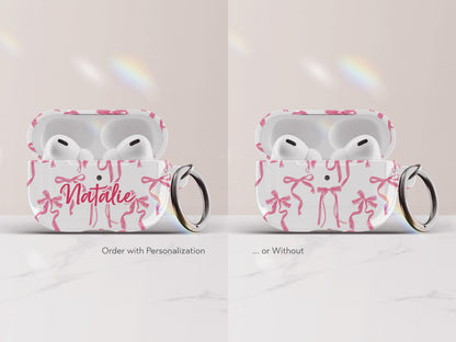 Coquette Bow AirPods Case Cover Pink Ribbon Print Cute Glossy Protective Earbud Feminine Tech Accessory Gift for Her Stylish Custom Present