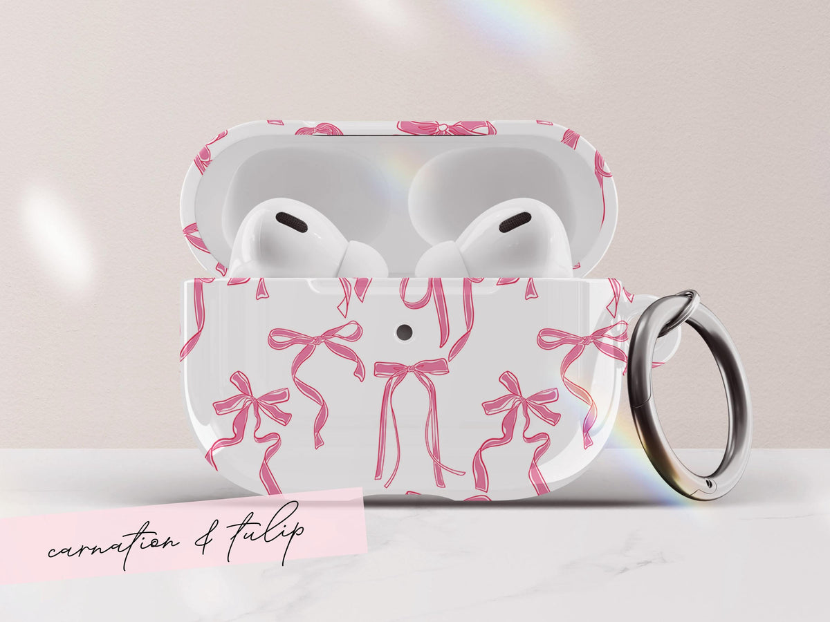 Coquette Bow AirPods Case Cover Pink Ribbon Print Cute Glossy Protective Earbud Feminine Tech Accessory Gift for Her Stylish Custom Present