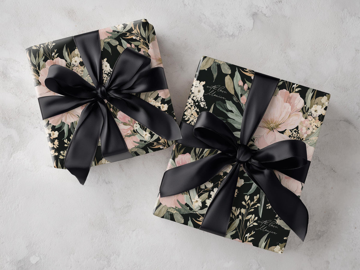 Black Floral Wrapping Paper Wedding Custom Name Gift Wrap Elegant Botanical Print Personalized Luxury Birthday Packaging Hostess Present