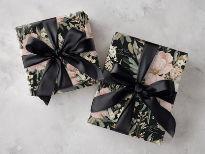 Black Floral Wrapping Paper Wedding Custom Name Gift Wrap Elegant Botanical Print Personalized Luxury Birthday Packaging Hostess Present