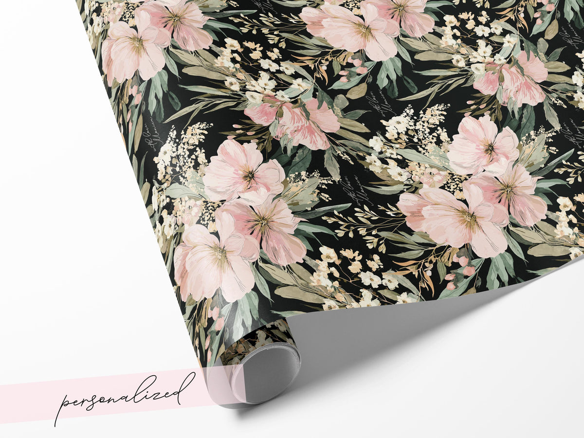 Black Floral Wrapping Paper Wedding Custom Name Gift Wrap Elegant Botanical Print Personalized Luxury Birthday Packaging Hostess Present