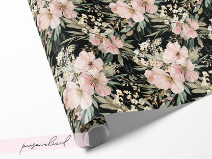 Black Floral Wrapping Paper Wedding Custom Name Gift Wrap Elegant Botanical Print Personalized Luxury Birthday Packaging Hostess Present