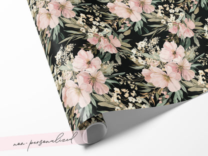 Black Floral Wrapping Paper Wedding Custom Name Gift Wrap Elegant Botanical Print Personalized Luxury Birthday Packaging Hostess Present