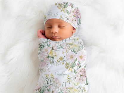 Custom Wildflower Swaddle Blanket with Name Watercolor Floral Minky Baby Blanket Cottage Garden Newborn Gift for Baby Shower Nursery Flowers