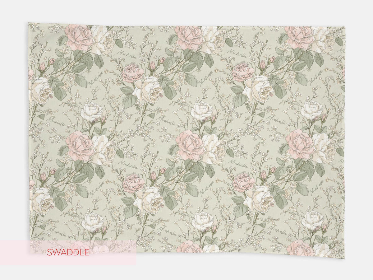 Personalized Cottagecore Floral Swaddle Blanket Vintage Floral Toile Baby Blanket With Name  French Country Garden Gift For Baby Shower