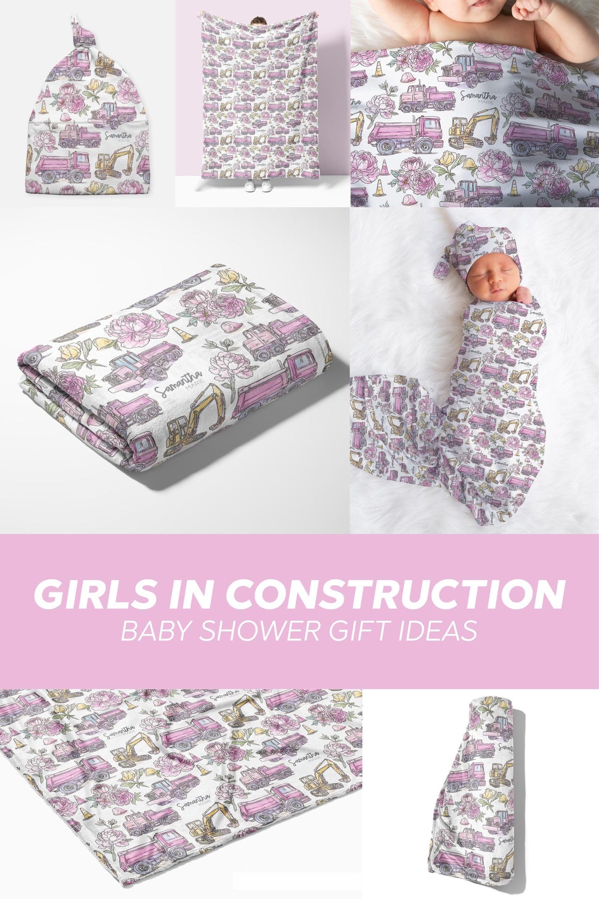 Pink Baby Girl Construction Blanket Girls In Construction Swaddle Blanket For Infant Baby Shower Gift Dump Truck Baby Girl Hospital Photo