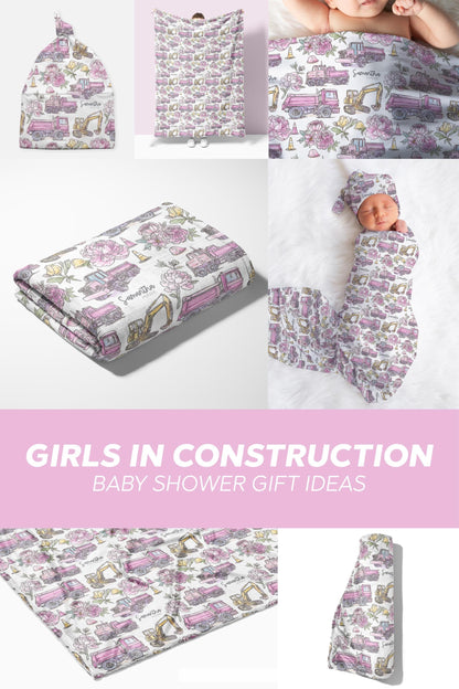 Pink Baby Girl Construction Blanket Girls In Construction Swaddle Blanket For Infant Baby Shower Gift Dump Truck Baby Girl Hospital Photo