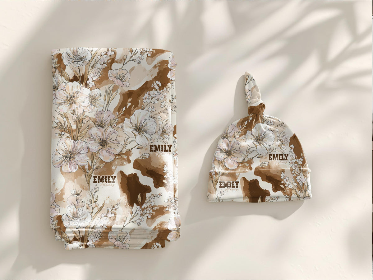 Cowhide Floral Swaddle Blanket and Hat Personalized Name Baby Girl Gift Western Nursery Decor Rustic Print Soft Newborn Wrap Keepsake Set